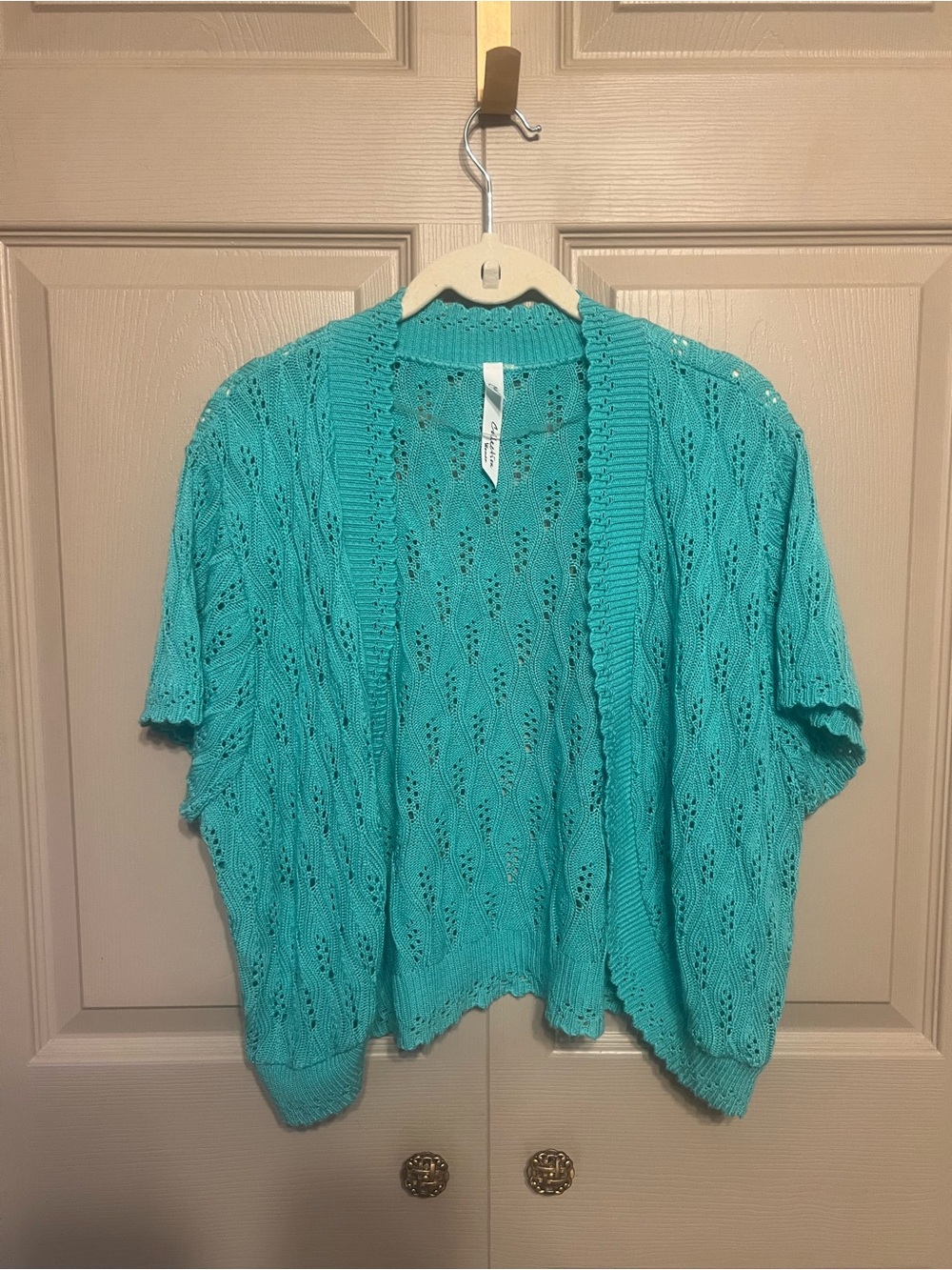 NY Collection Teal Open-Knit Short Sleeve Cardigan